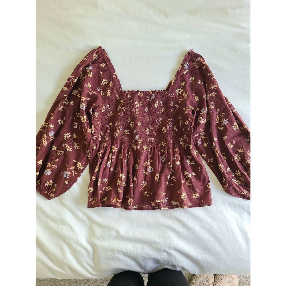 Madewell Blouse Top Womens 14 Brown Floral Long Sleeve Square Neck Casual Wear - Picture 8 of 10